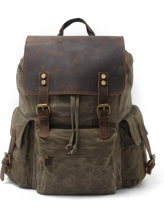 Suvom Vintage Look Canvas & Leather Laptop Backpack Army Green Color READ SEE...